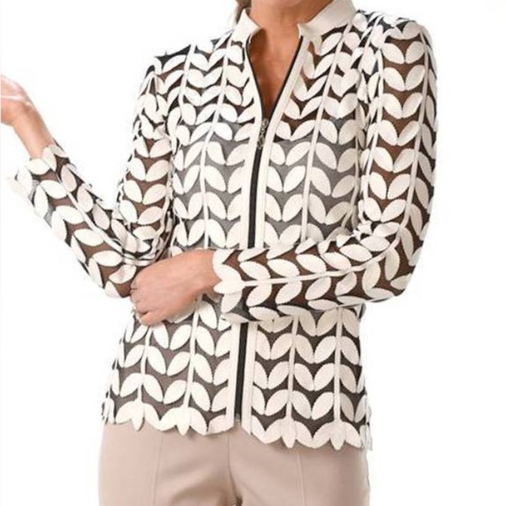 Chic Black and White Leather Leaf Pattern Cut Out Jacket Women’s S Elegant